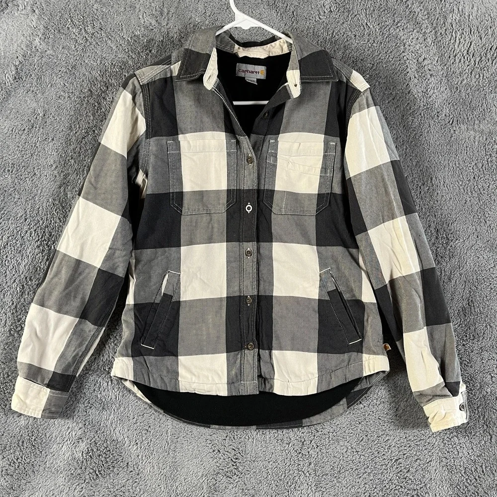 Carhartt Shirt Jacket Girls XS Black White Buffalo Plaid Fleece Lined Button Up